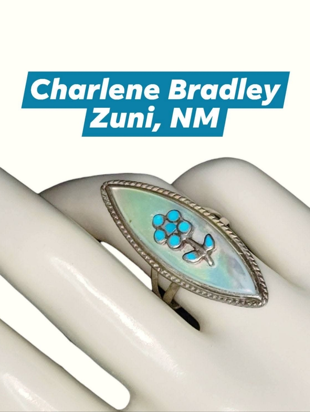 Vintage Zuni Sterling Silver & Mother of Pearl Floral Inlay Ring – Signed